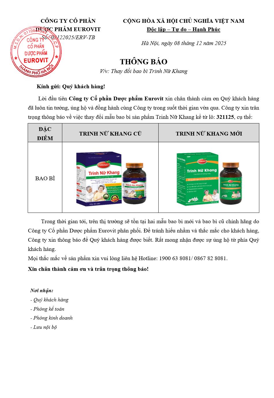 thông báo thay đổi bao bì trinh nữ khang