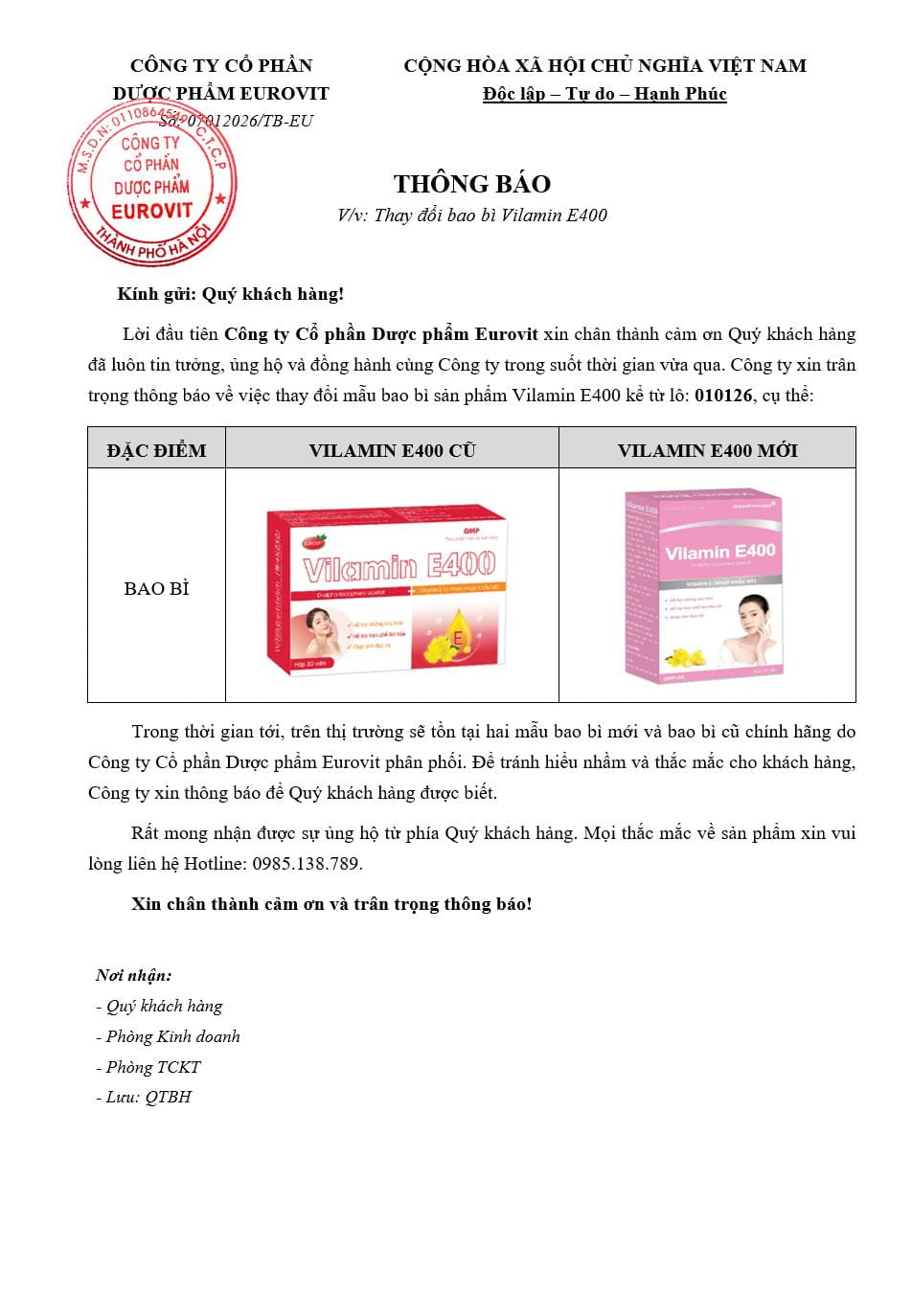 thông báo thay đổi bao bì Vilamin E